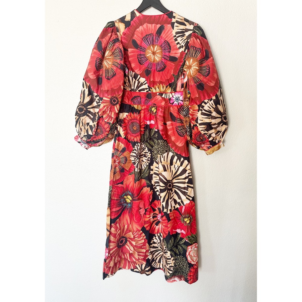 Farm Rio Flowershop Puff-Sleeve Maxi Dress V-Neck Button Front Red Size XS NEW - Picture 8 of 9